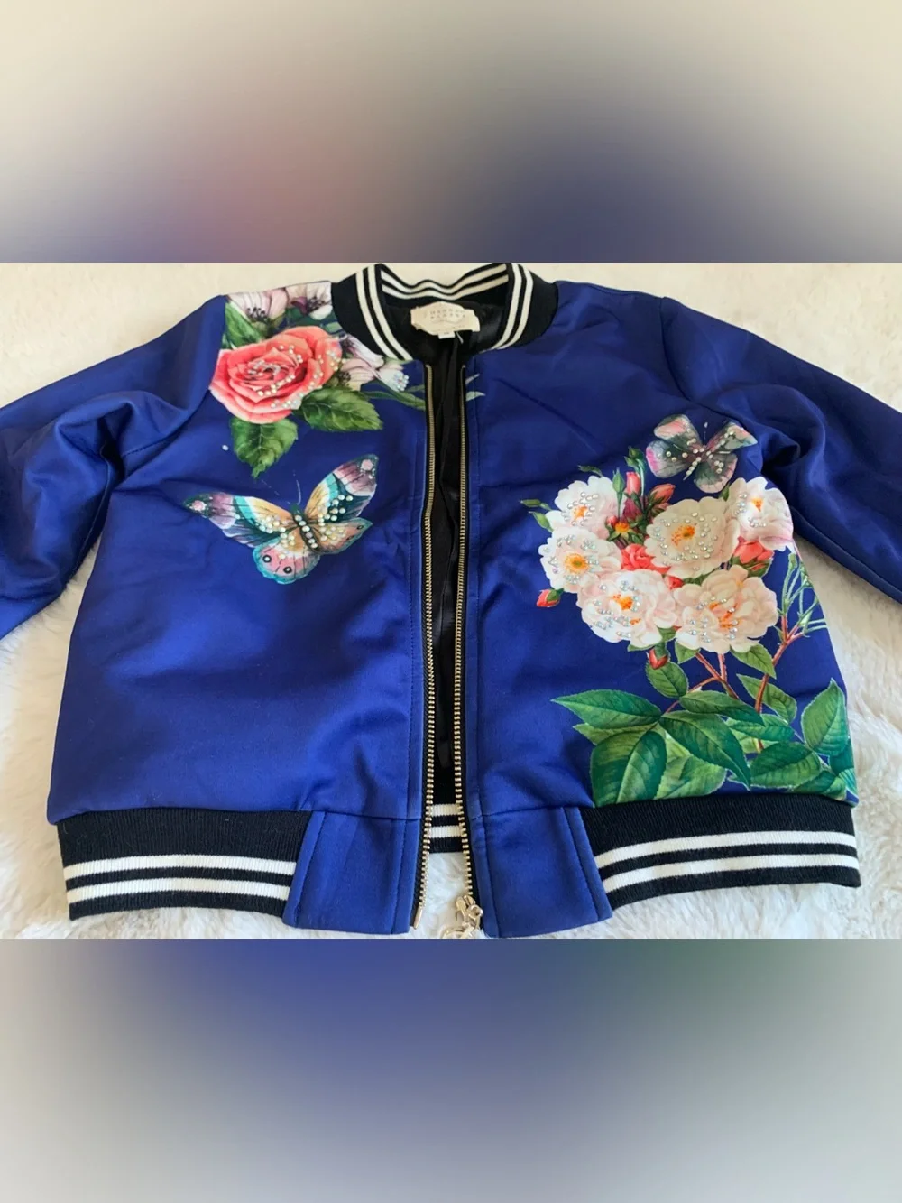 Hannah Banana blue bomber jacket flowers rhinestones Girl 10